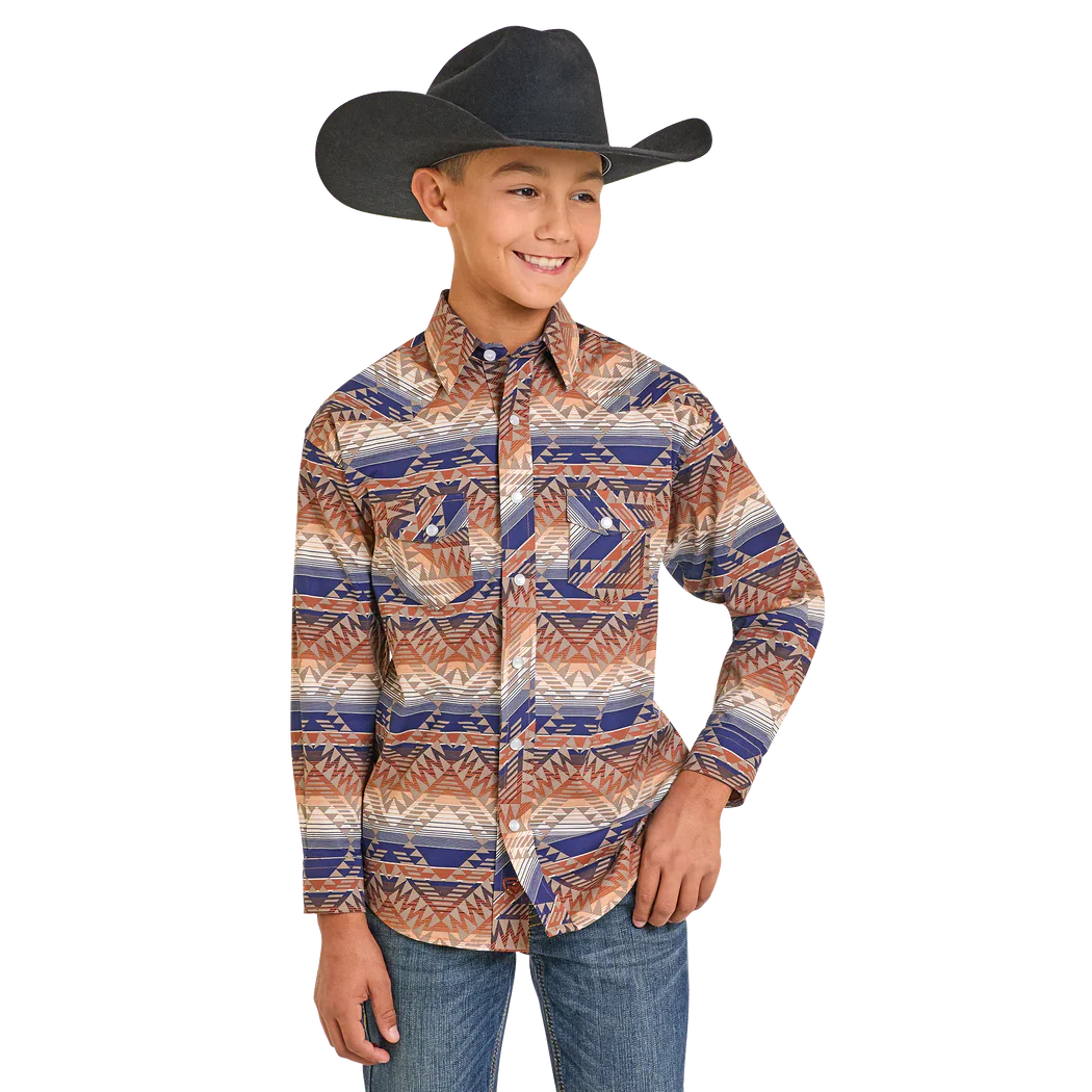 Rock & Roll Boy's Long Sleeve Aztec Print Shirt - Tan