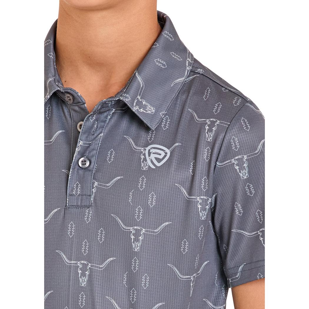 Rock & Roll Boy's  Longhorn/Steer Skull Printed Mesh Polo Short Sleeve Shirt - Charcoal - Image 3