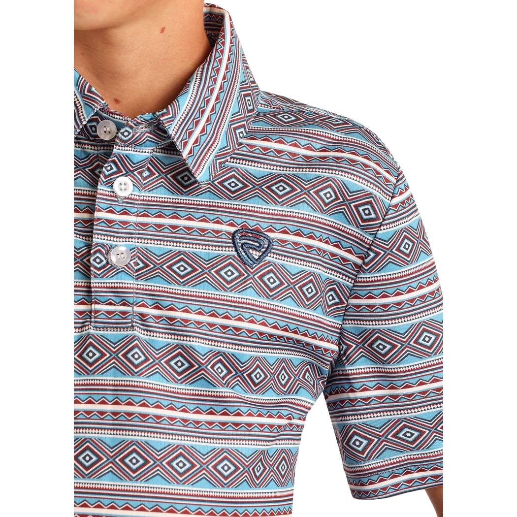 Rock & Roll Boy's  Short Sleeve Diamond Aztec Printed Polo- Blue - Image 2