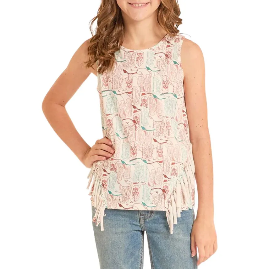 Rock & Roll Girl's Boot Print Fringe Tank Top - Natural