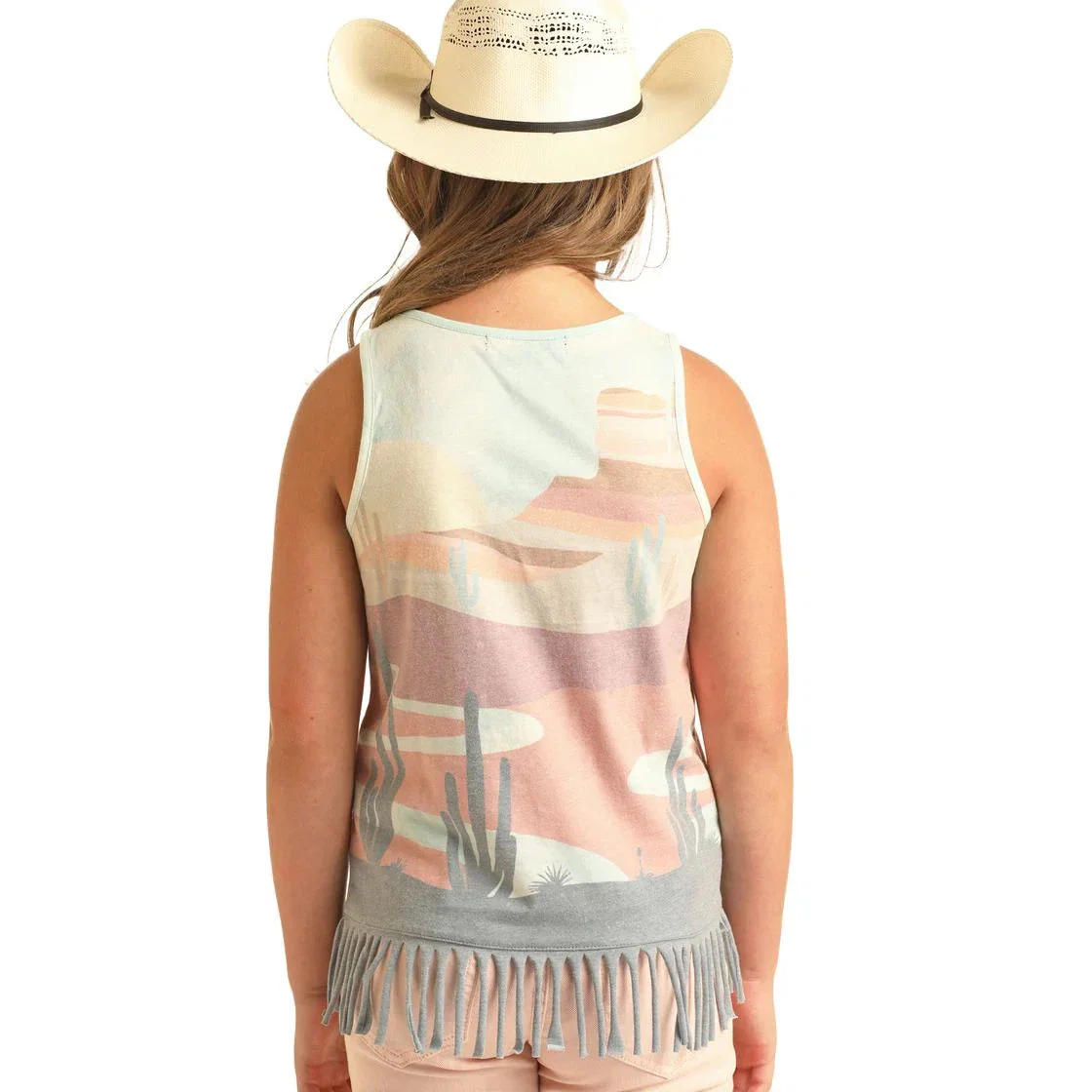 Rock & Roll Girl's Desert Scenery Tank Top w/ Fringed Hem - Teal - Image 3