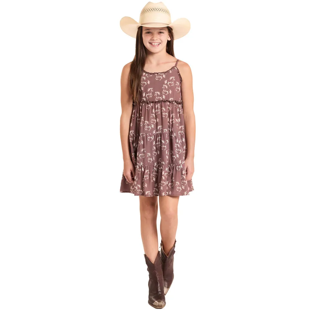 Rock & Roll Girl's Horse Print Dress - Brown