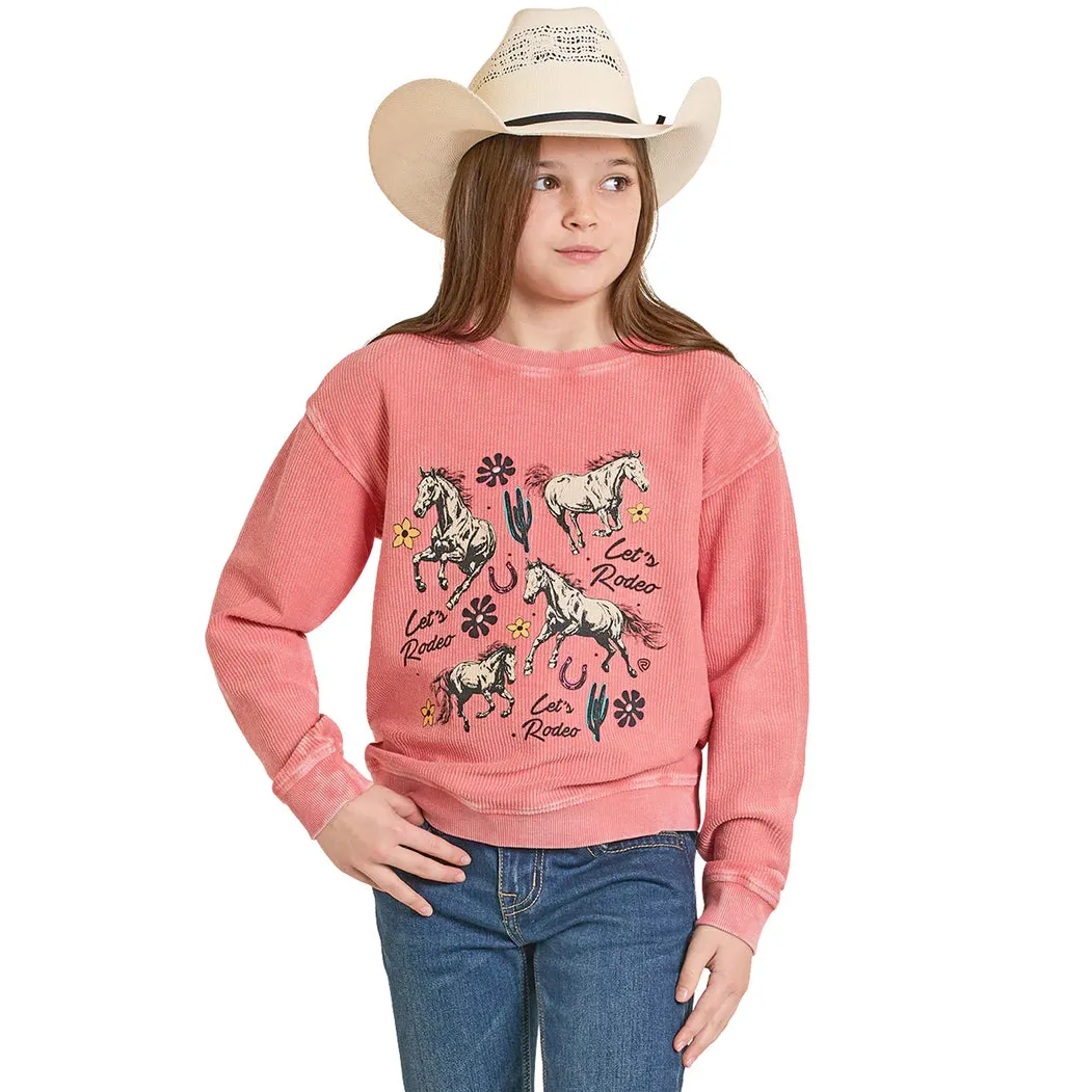 Rock & Roll Girl's Let's Rodeo Graphic Long Sleeve Pullover - Rose/Mauve