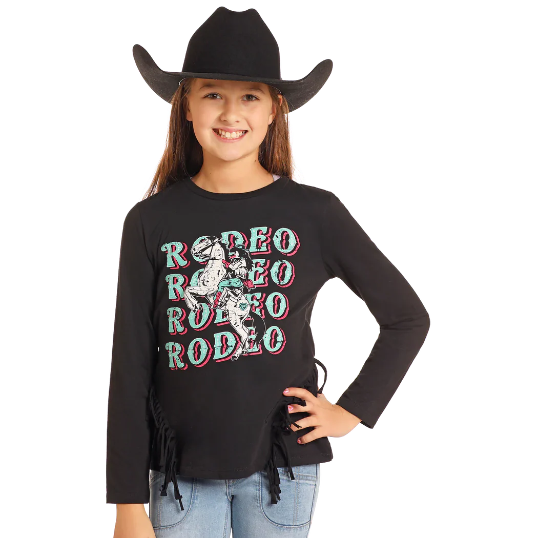Rock & Roll Girl's Long Sleeve Graphic Shirt with Fringe - Black