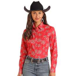 Rock & Roll Girl's Long Sleeve Print Snap Shirt- Red
