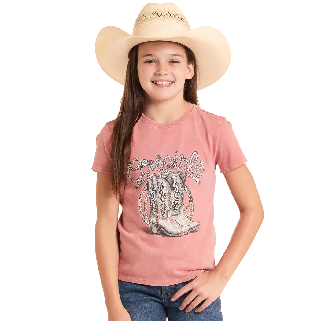 Rock & Roll Girl's Roping Cowgirl Graphic Tee Shirt - Rose/Mauve - Image 2