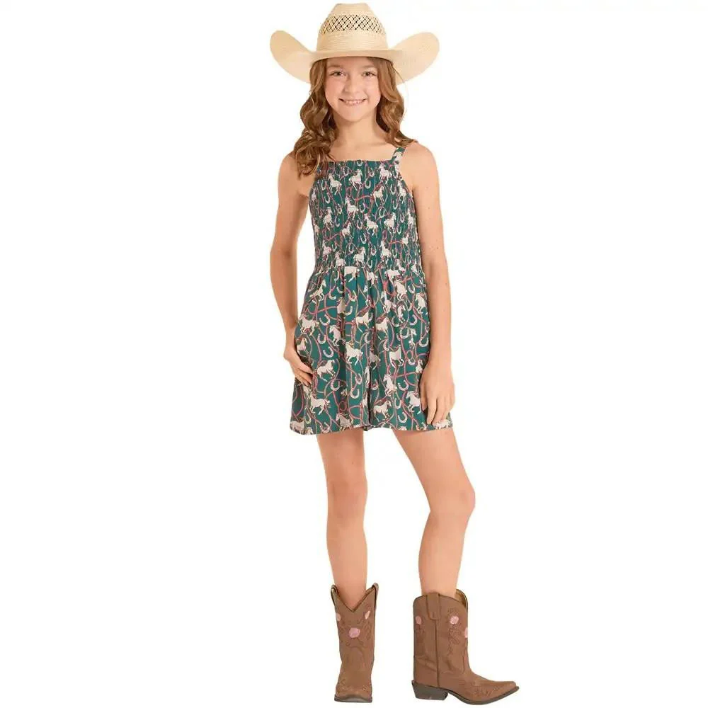 Rock & Roll Girl's Horse Print Romper - Evergreen