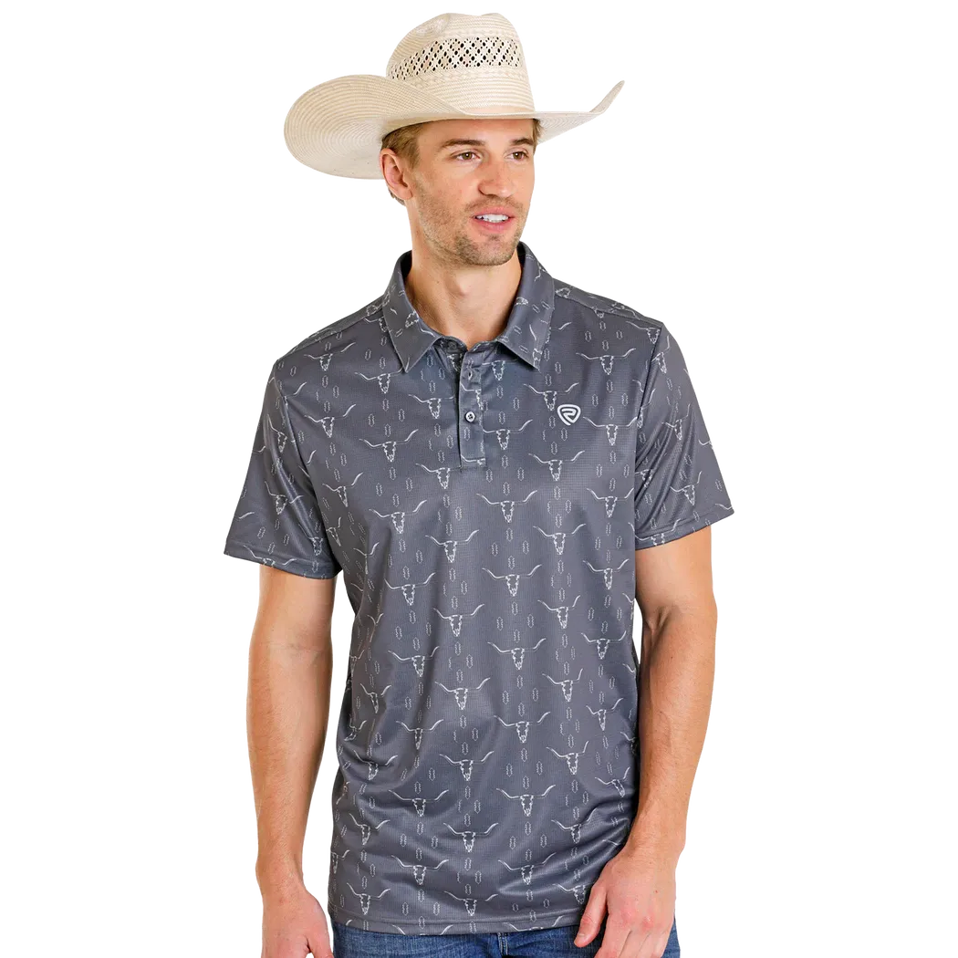Rock & Roll Men's Aztec Longhorn/Steer Printed Short Sleeve Mesh Polo Shirt - Charcoal - Image 2