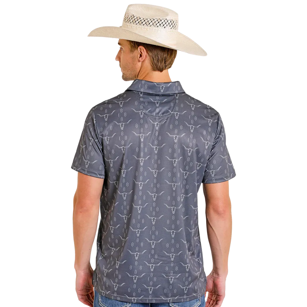 Rock & Roll Men's Aztec Longhorn/Steer Printed Short Sleeve Mesh Polo Shirt - Charcoal - Image 3