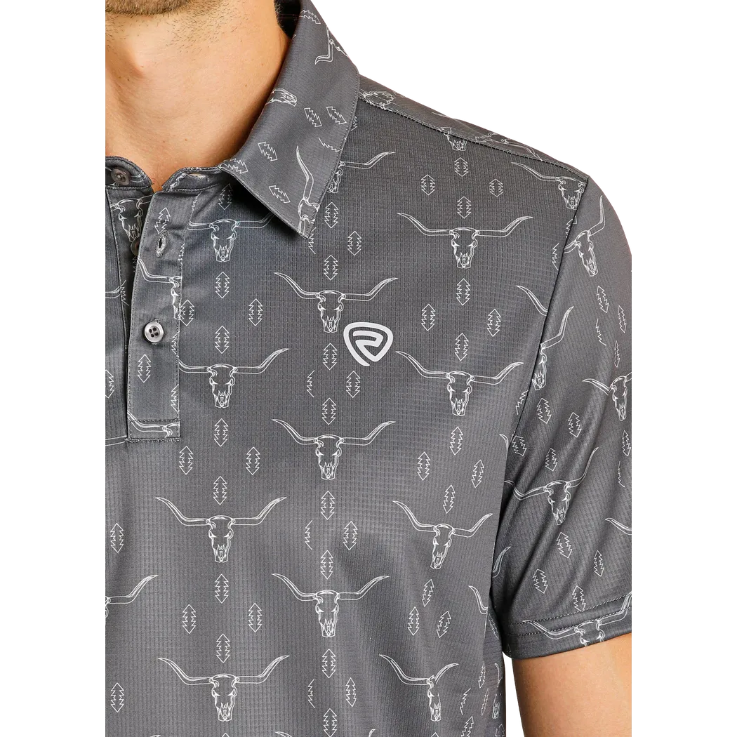 Rock & Roll Men's Aztec Longhorn/Steer Printed Short Sleeve Mesh Polo Shirt - Charcoal - Image 4