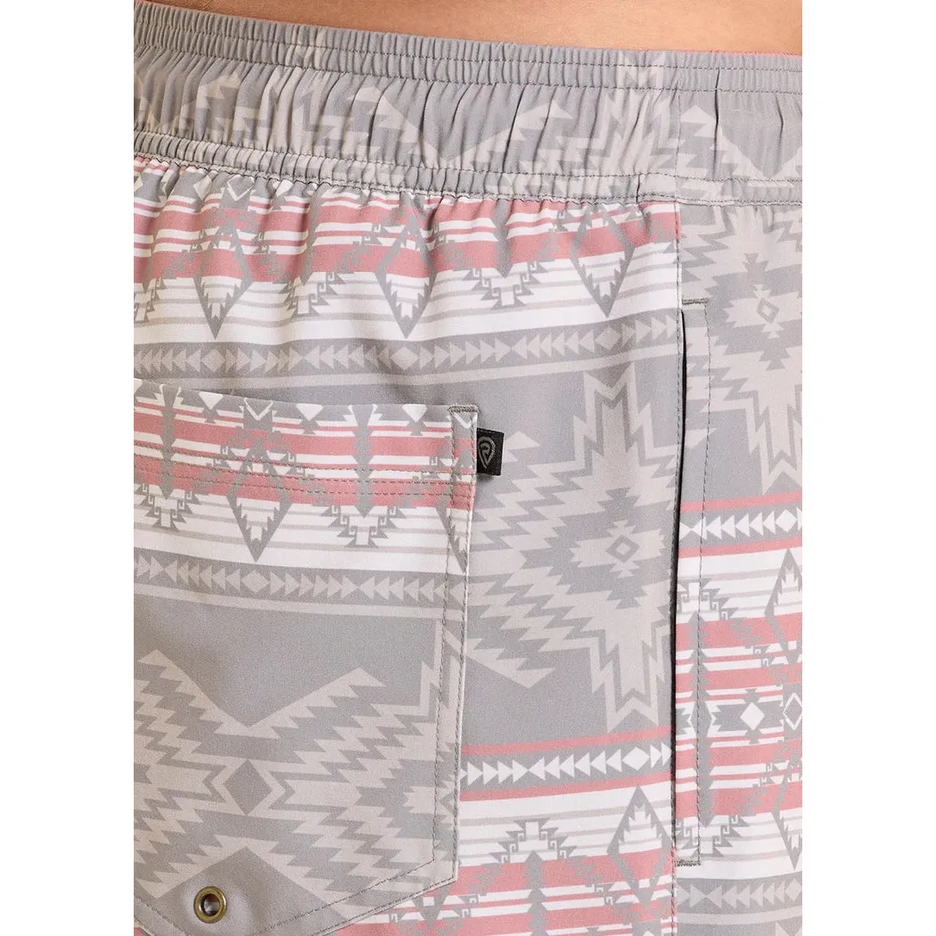 Rock & Roll Men's Aztec Print w/Lining Swim Volley Trunks - Taupe - Image 2