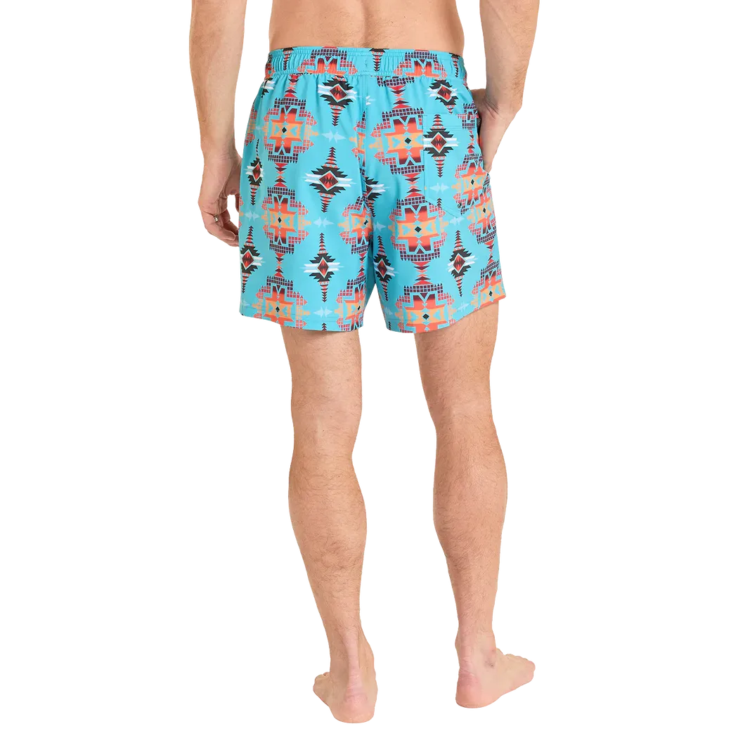 Rock & Roll Men's Aztec Print w/Lining Swim Volley Trunks - Turquoise - Image 2
