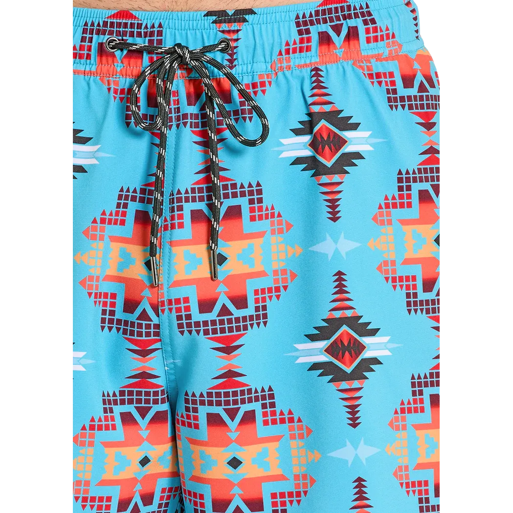 Rock & Roll Men's Aztec Print w/Lining Swim Volley Trunks - Turquoise - Image 3