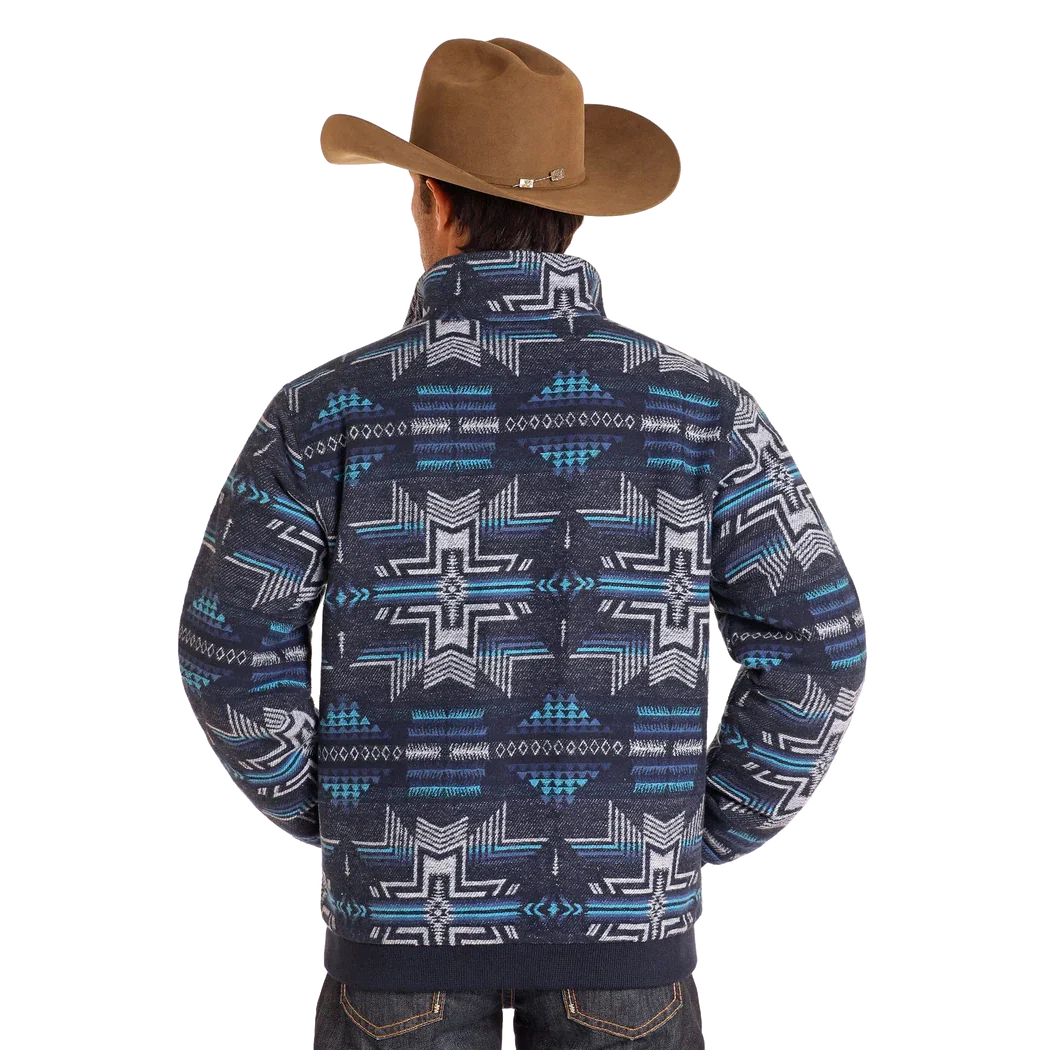 Rock & Roll Men's Long Sleeve Aztec Jacquard Bomber Jacket- Blue - Image 2