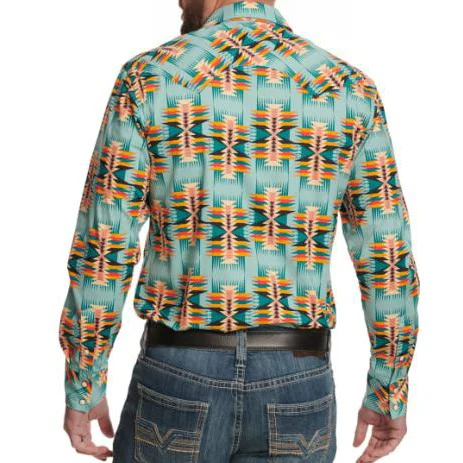 Rock & Roll Men's Long Sleeve Dale Brisby Sea and Sunset Aztec Western Shirt-Teal - Image 2