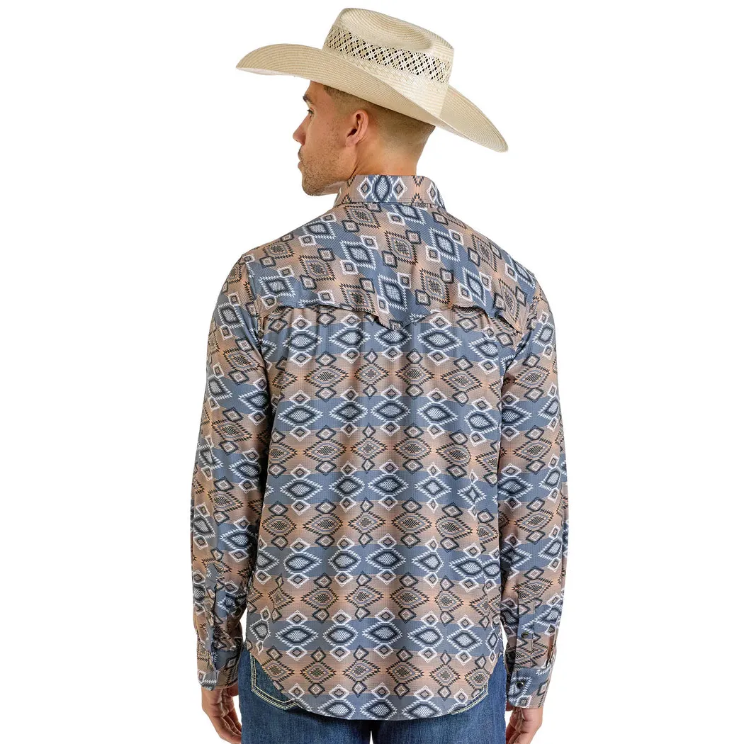 Rock & Roll Men's Long Sleeve TEK Western Aztec Shirt- Grey - Image 2