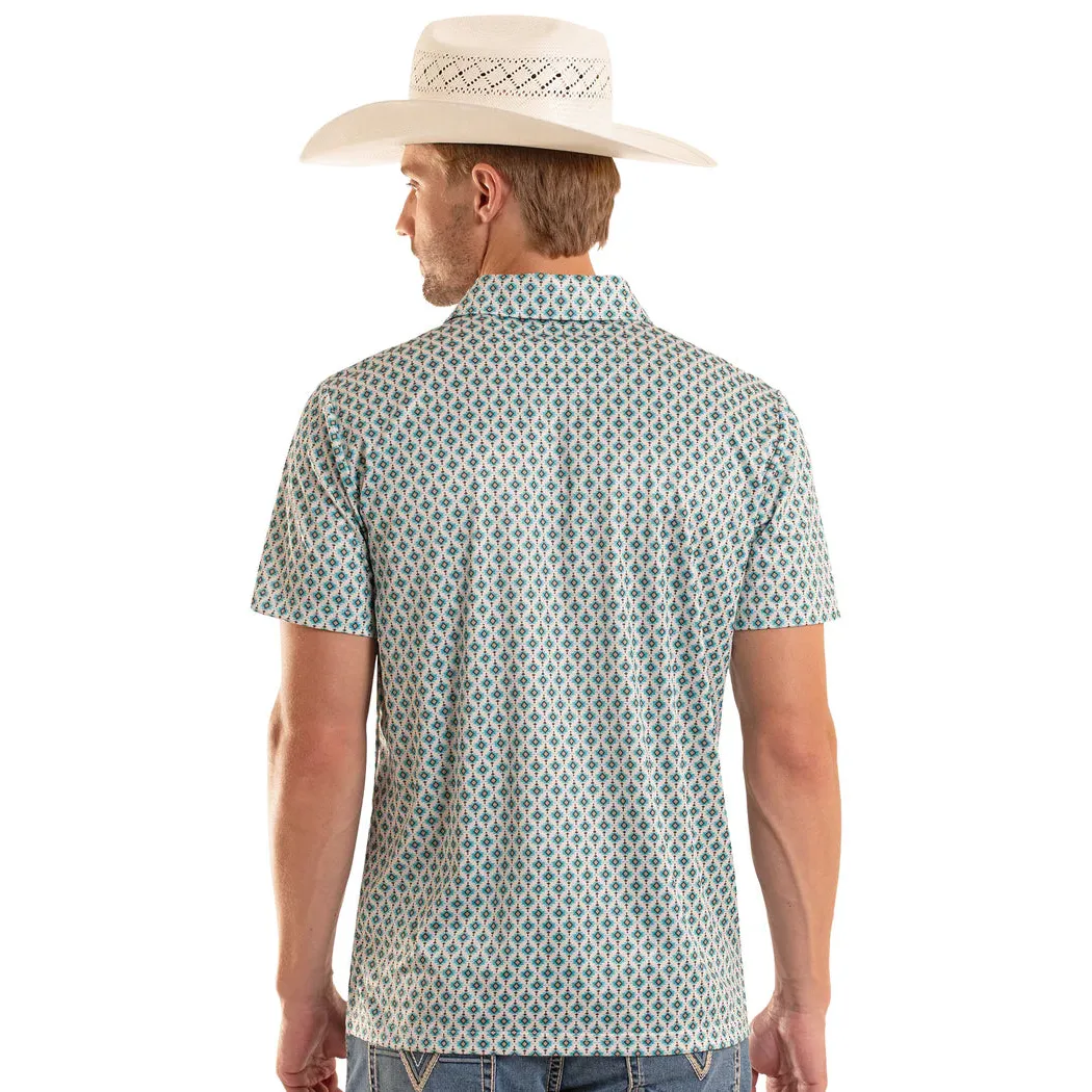 Rock & Roll Mens Mini Aztec Short Sleeve Geo Print Polo Shirt - Teal - Image 2