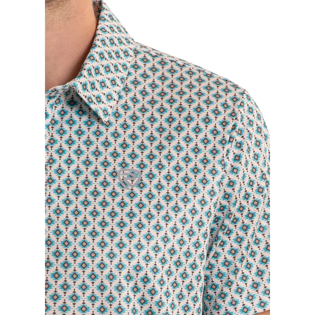 Rock & Roll Mens Mini Aztec Short Sleeve Geo Print Polo Shirt - Teal - Image 3