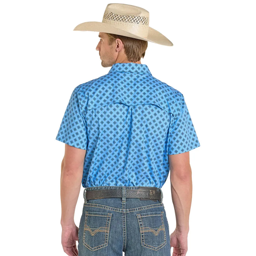 Rock & Roll Men's Mini Tek Western Aztec Print Short Sleeve Shirt - Sky Blue - Image 3