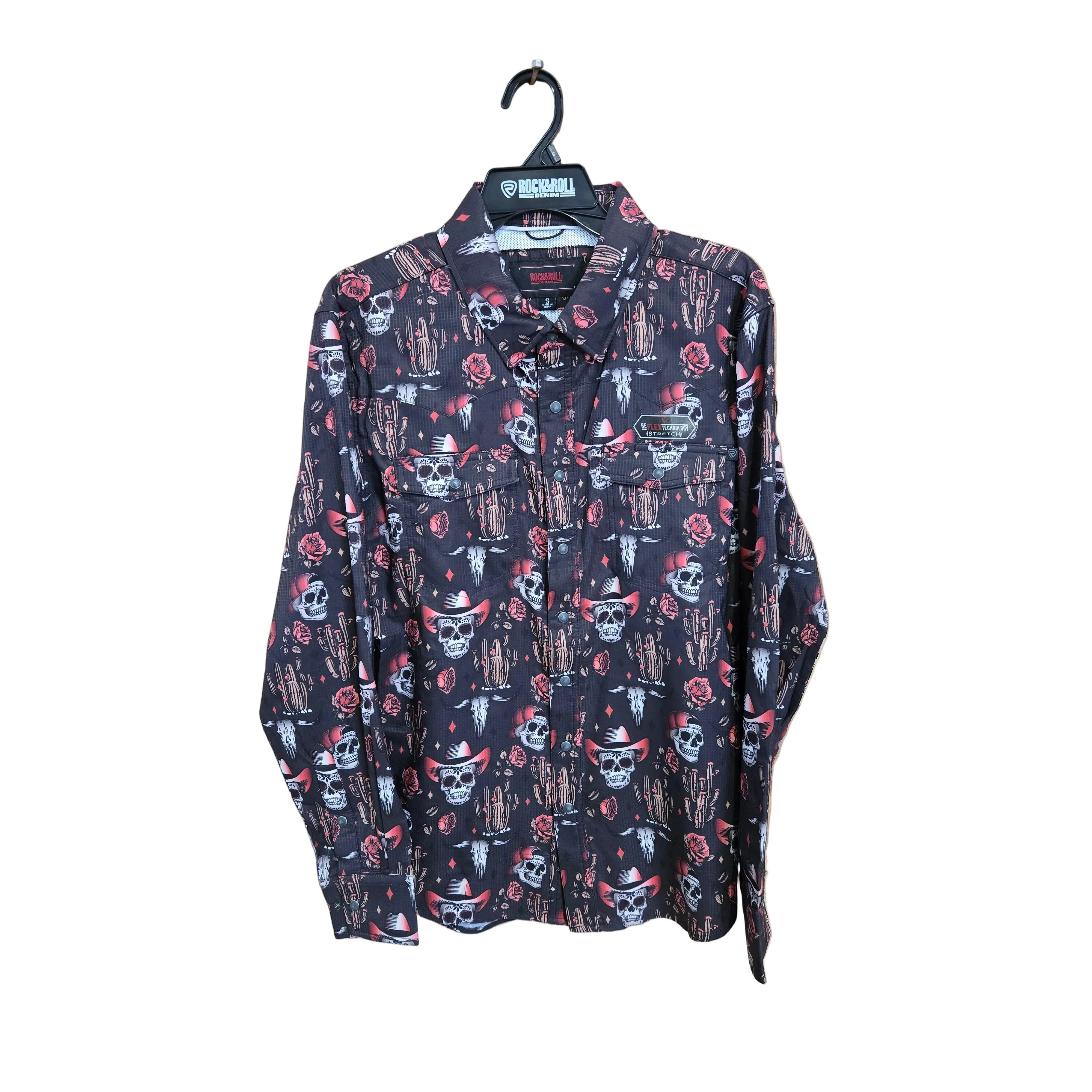 Rock & Roll Men's Novelty Bull Skulls Tek Western Long Sleeve Snap Shirt - Charcoal