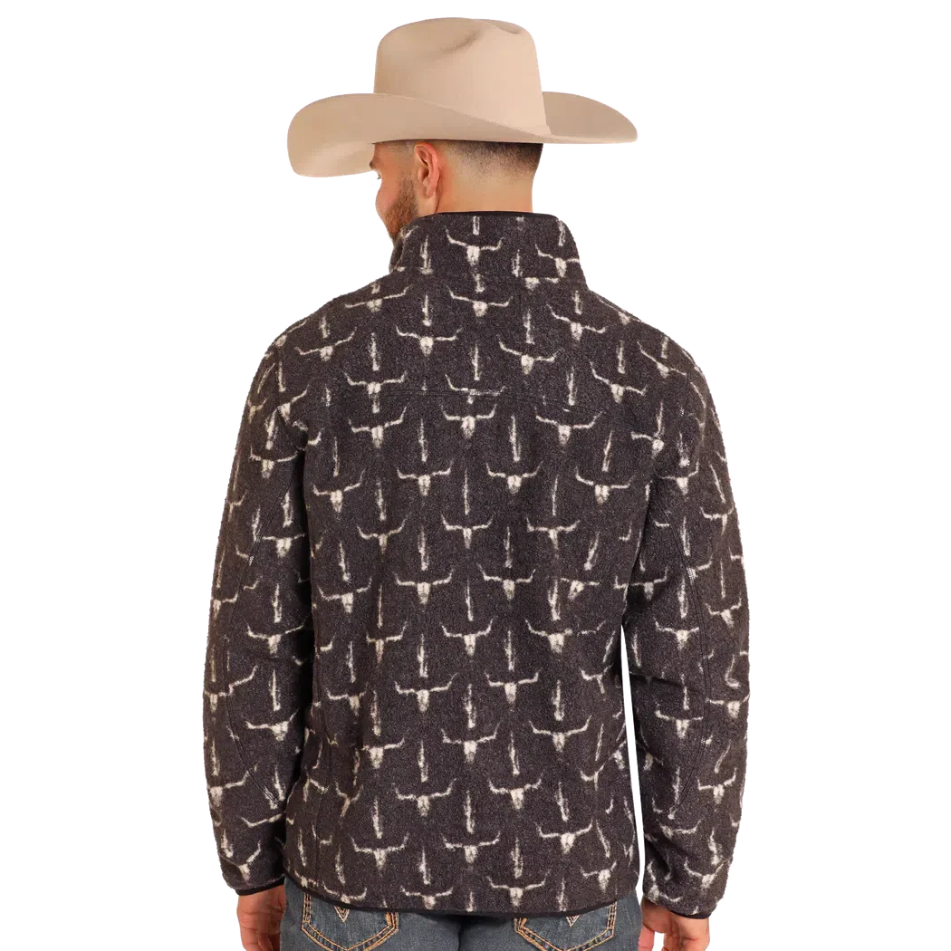 Rock & Roll Men's Steer Head Printed Berber Full Zip - Charcoal - Image 3