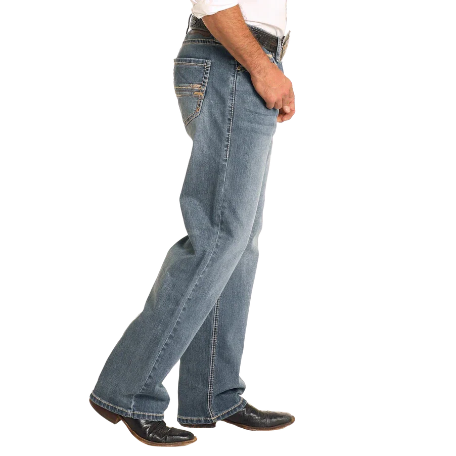 Rock & Roll Men's Relaxed Fit Straight Stitch Double Barrel Boot Jean- Medium Wash - Image 3