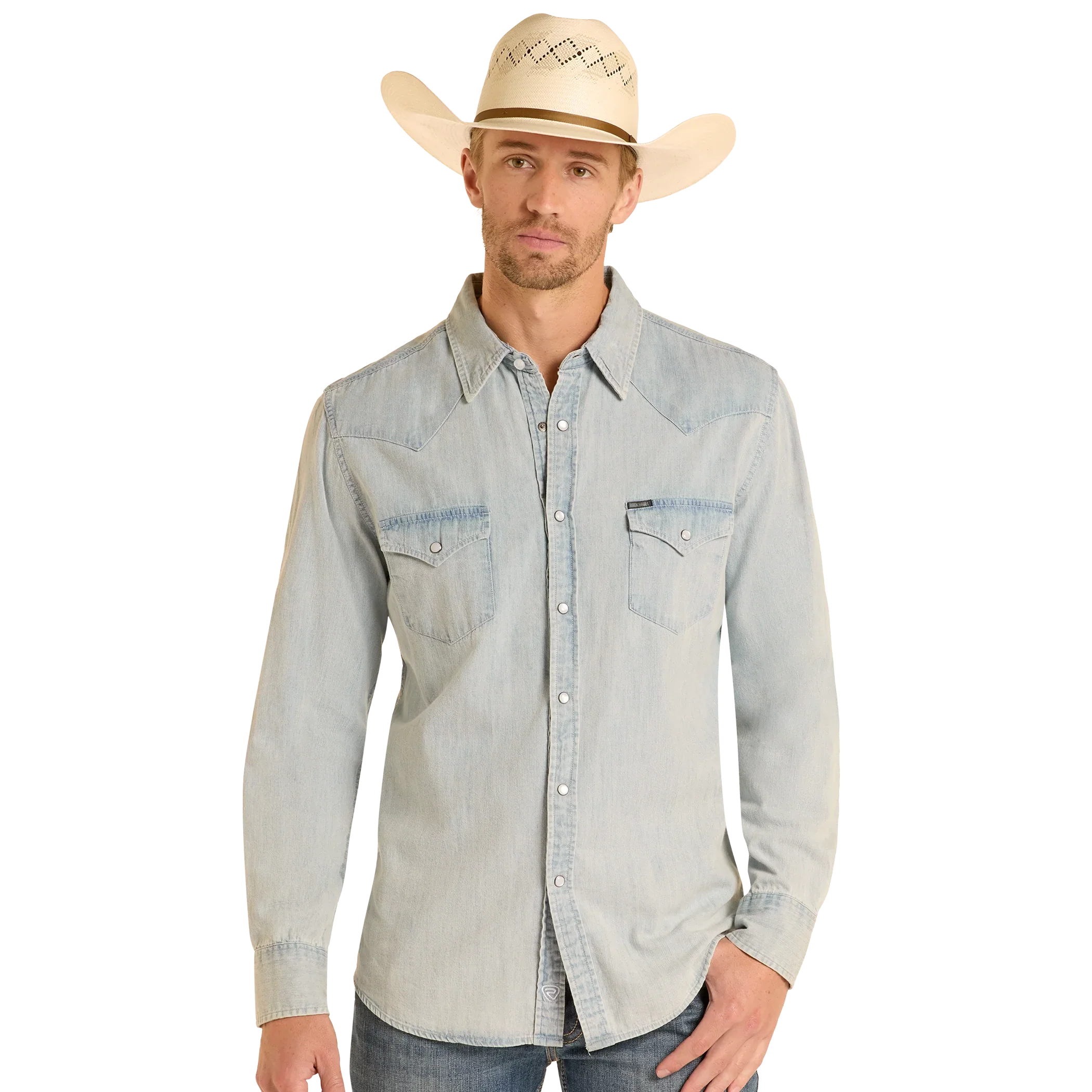 Rock & Roll Men's Long Sleeve Light Denim Solid Snap Shirt- Denim
