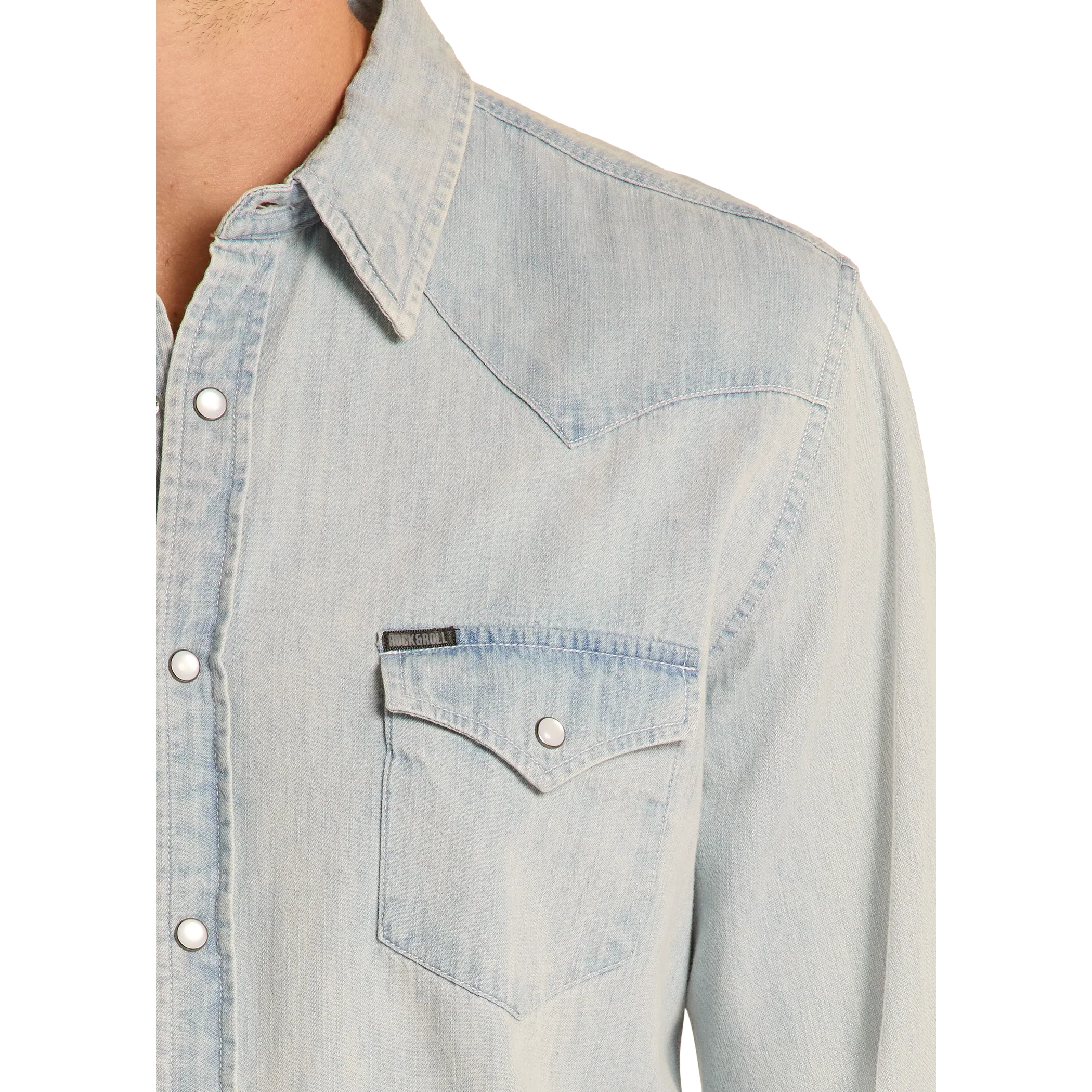 Rock & Roll Men's Long Sleeve Light Denim Solid Snap Shirt- Denim - Image 2