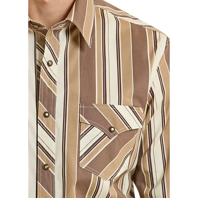 Rock & Roll Men's Slim Fit Long Sleeve Stripe Snap Shirt - Brown - Image 3