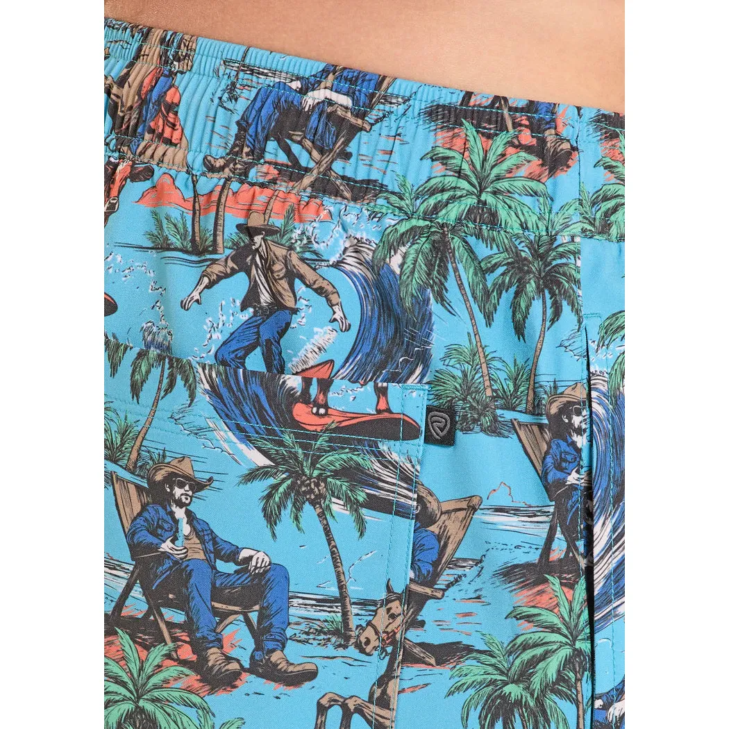 Rock & Roll Men's Tropical Cowboy Novelty Print w/Lining Swim Volley Trunks - Turquoise - Image 2