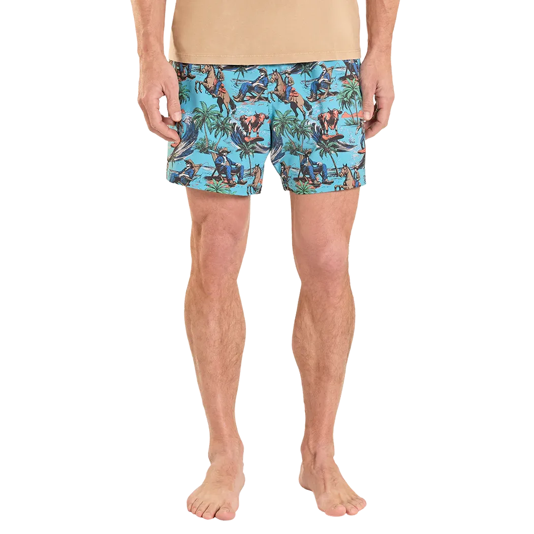 Rock & Roll Men's Tropical Cowboy Novelty Print w/Lining Swim Volley Trunks - Turquoise - Image 3