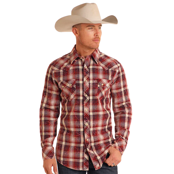Rock & Roll Men's Washed Double Plaid Long Sleeve Snap Shirt - Burgundy