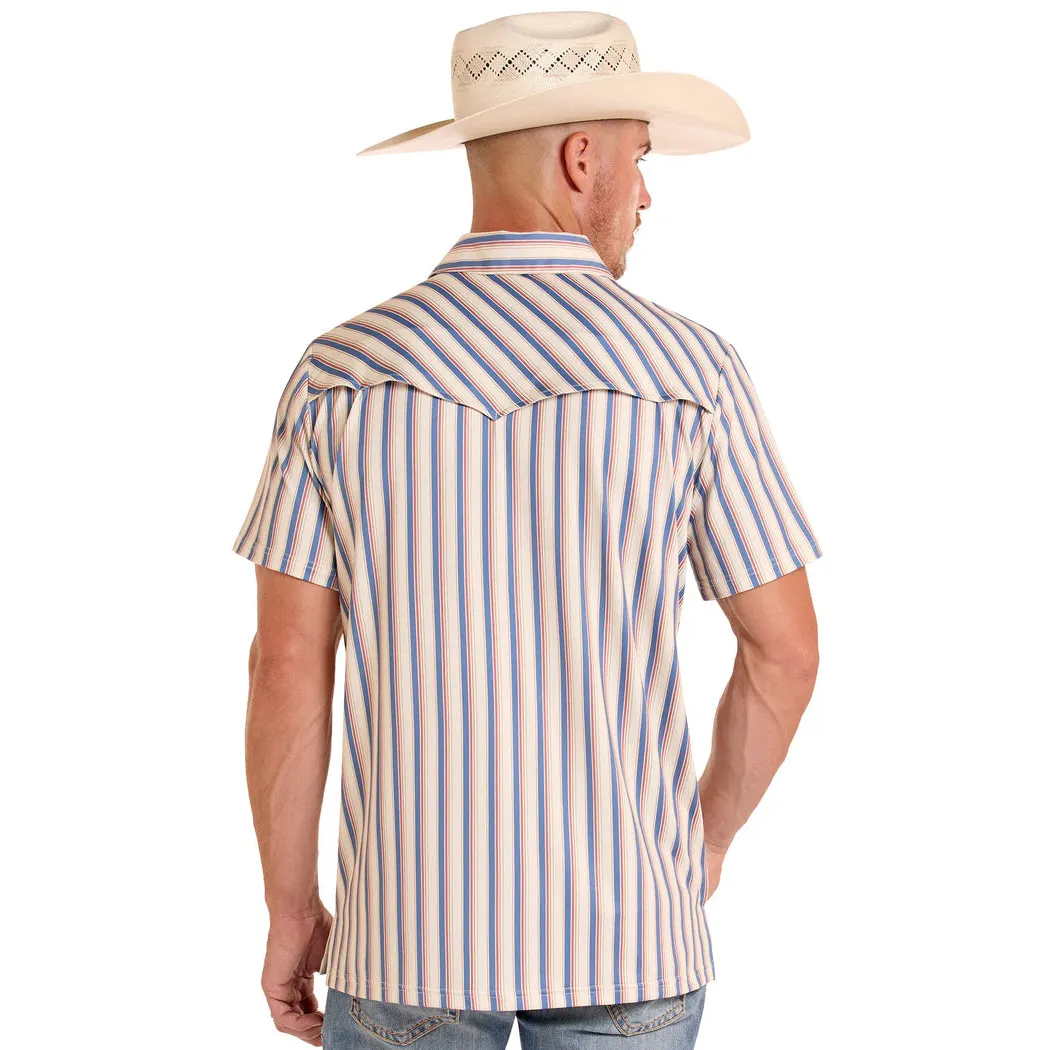 Rock & Roll Mens Western Stripe Short Sleeve Pocket Polo Shirt - White/Red - Image 2
