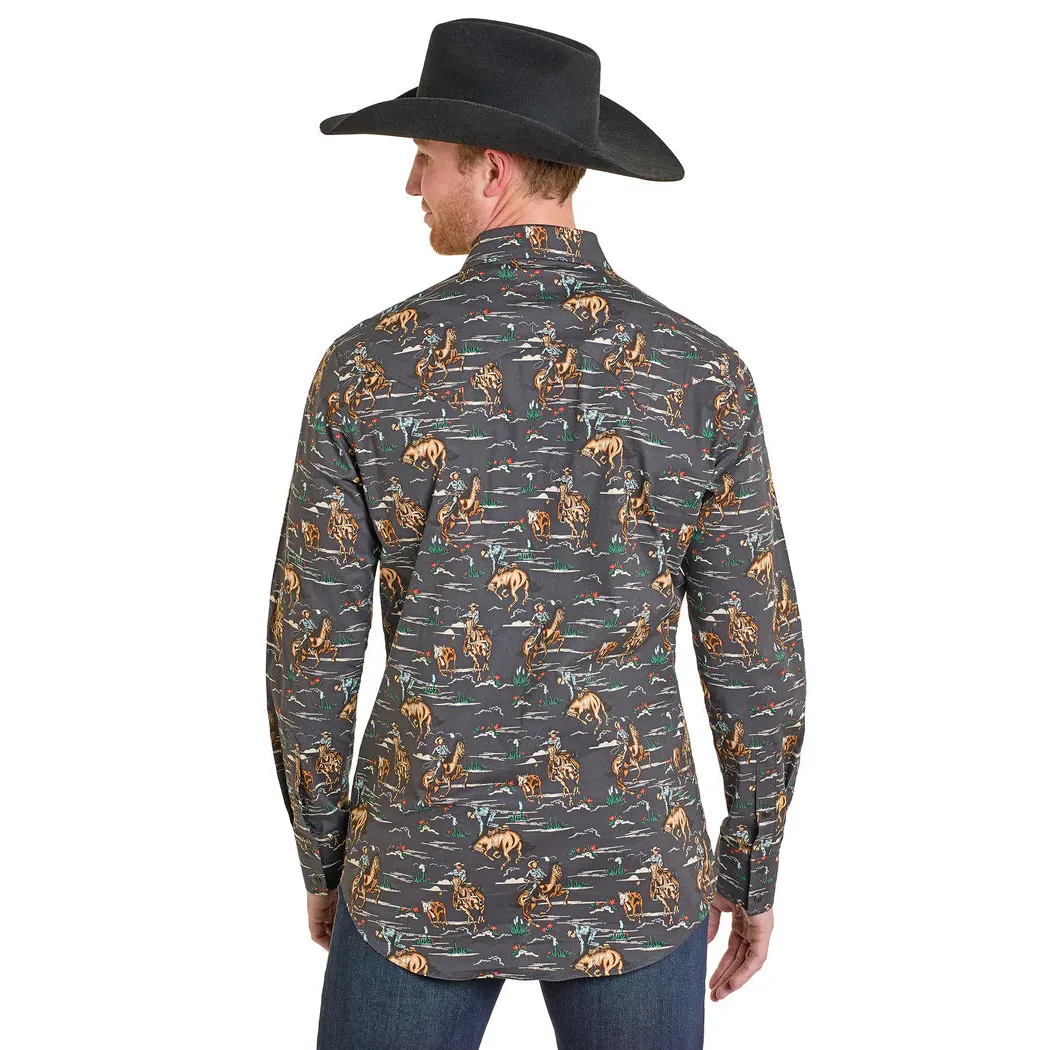 Rock & Roll Men's Wild West Cowboy Novelty Printed Long Sleeve Snap Shirt - Charcoal - Image 2