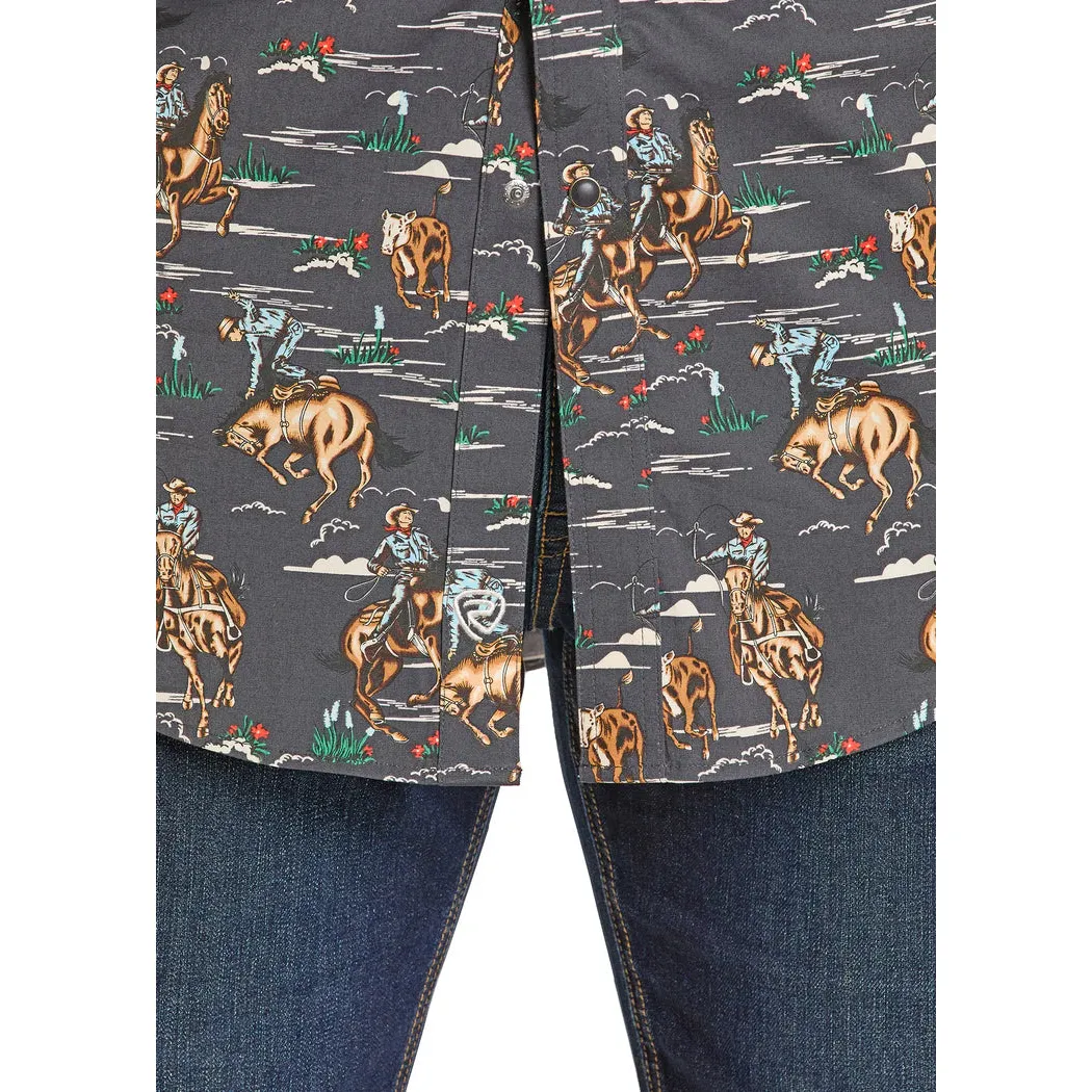 Rock & Roll Men's Wild West Cowboy Novelty Printed Long Sleeve Snap Shirt - Charcoal - Image 3