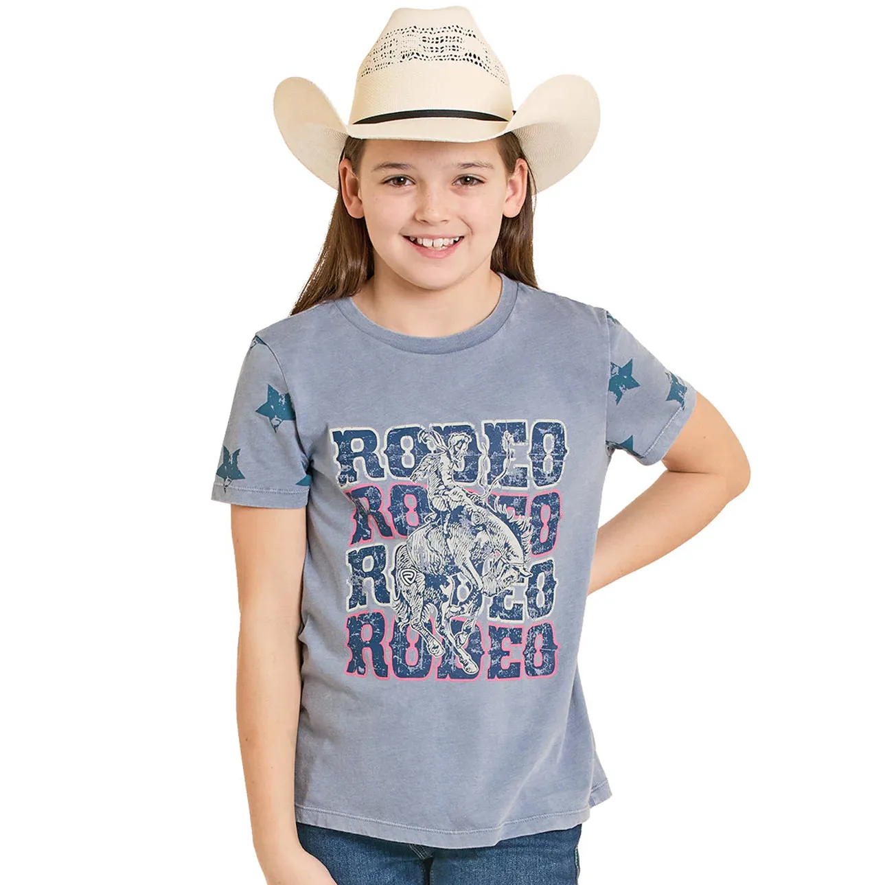 Rock & Roll Girl's Graphic Tee with Star Print-Blue