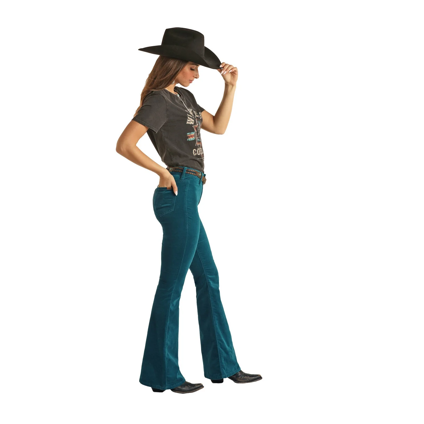 Rock & Roll Women's Corduroy Button Flare Jeans - Teal - Image 3