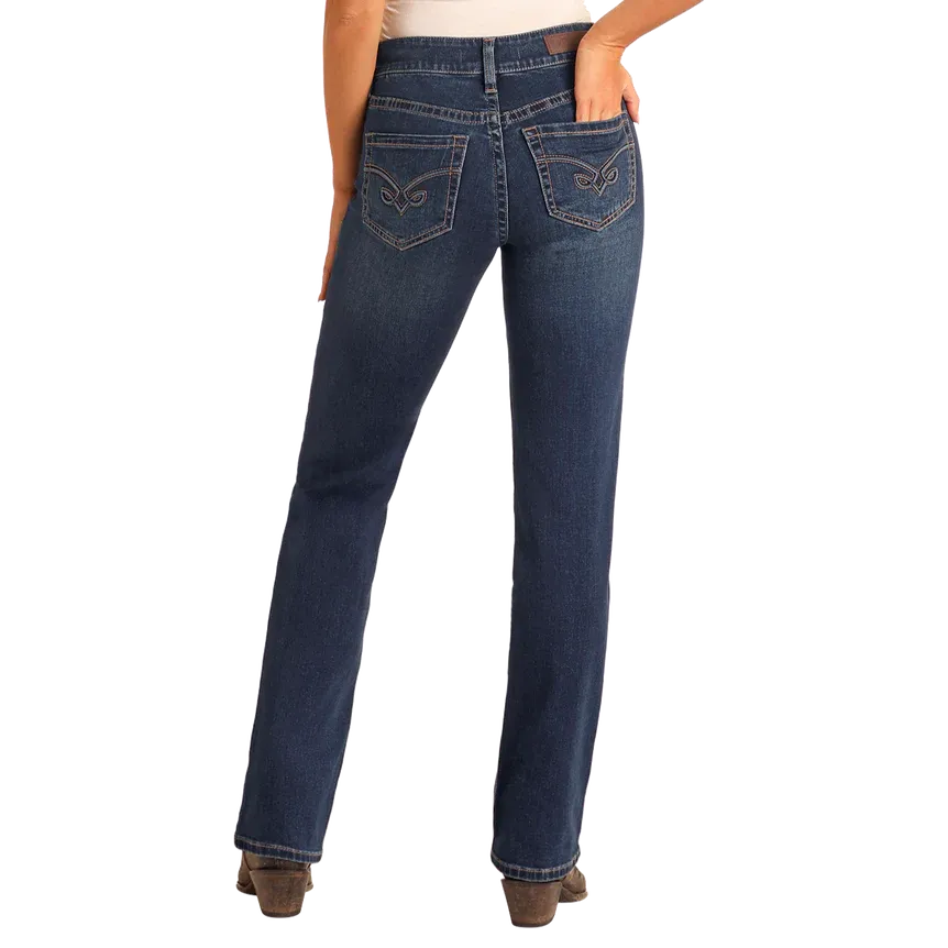 Rock & Roll Women's Arrow Embroidery Modest Bootcut Jeans- Dark Wash - Image 2