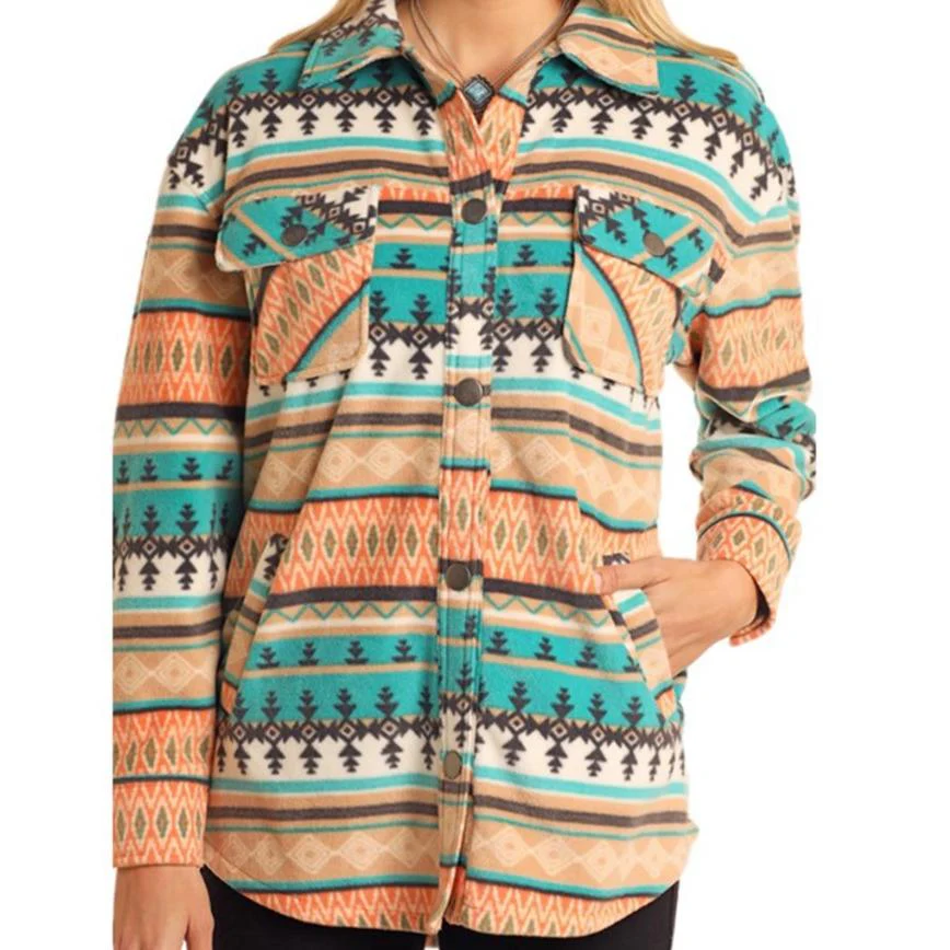 Rock & Roll Women's Aztec Fleece Shacket- Turquoise - Image 3