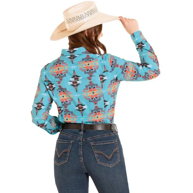 Rock & Roll Women's Aztec Printed Tek Western Long Sleeve Shirt - Turquoise - Image 2