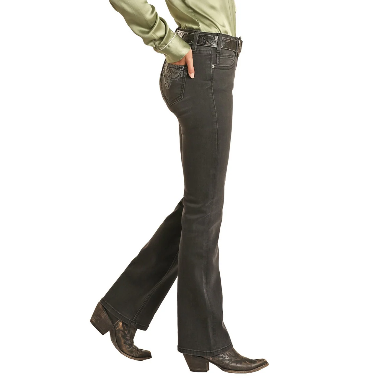 Rock & Roll Women's Mid Rise Extra Stretch Boot Cut Jeans - Black - Image 3