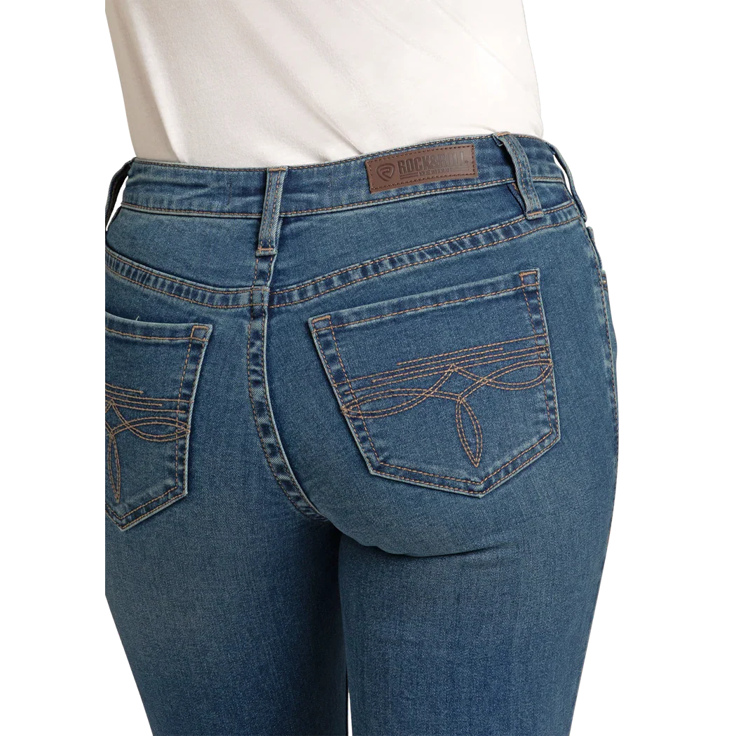 Rock & Roll Women's Boot Stitch Embroidered High Rise Boot Cut Jeans - Medium Wash - Image 3