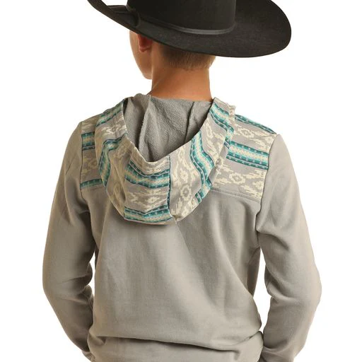 Rock & Roll Boy's Border Print Hoodie - Light Grey - Image 3