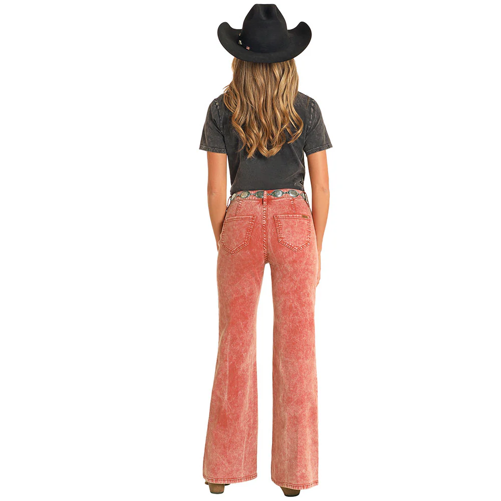 Rock & Roll Women's Button Wide Leg Jean- Rust - Image 2