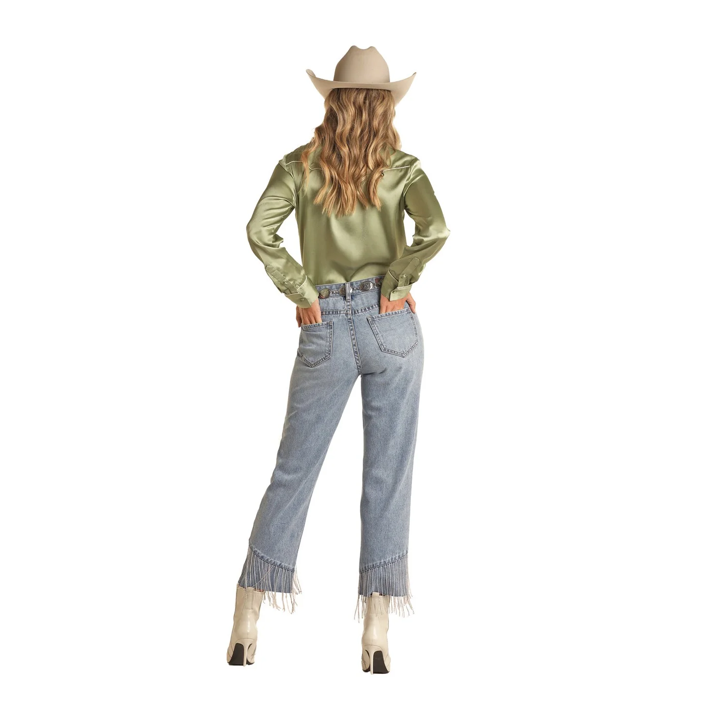 Rock & Roll Women's Chain Fringe Hem Cropped Jeans - Light Wash - Image 3