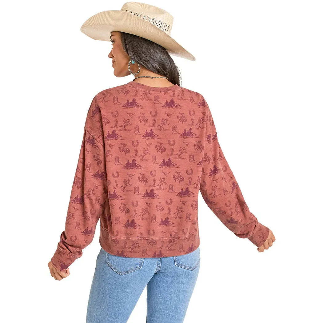 Rock & Roll Women's Conversational Western Mountain Graphic Pullover - Rust - Image 2