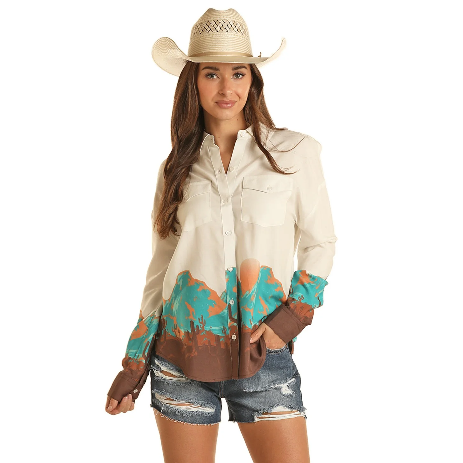 Rock & Roll Women's Desert Scenery Boyfriend Shirt - Natural