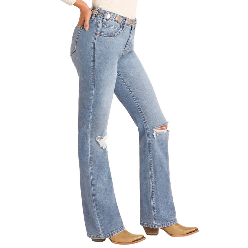 Rock & Roll Women's Distress High Rise Bootcut Jeans - Medium Wash - Image 2