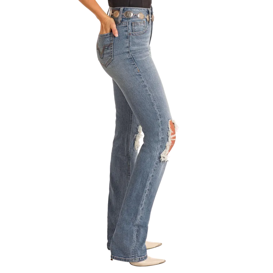 Rock & Roll Women's Distressed Modest Bootcut Jeans- Medium Wash - Image 4