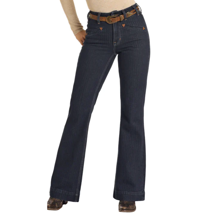 Rock & Roll Women's High Rise Jacquard Striped Trousers - Medium Wash - Image 4